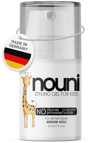 Kinder Haargel von nouni, Sanftes Styling Gel mit Kaktusfeigen-Extrakt, Mit pflanzlichen Naturharzen, Vegan, Made in Germany, Ohne Parabene Silikone Sulfate, Mittlerer Halt, Kokosduft, 50 ml