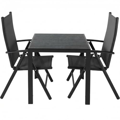 LIFERUN Balkonmöbel Set 3-Teilig, Gartenmöbel Set für 2 Personen | WPC Quadratisch & 2er Aluminium Klappbar Gartenstühle, Wetterfest & Platzsparend für Kleinen Balkon, Garten, Schwarz