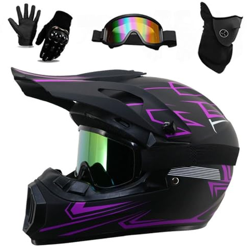 Jugend Erwachsene Elektro Dirt Bike Motorrad Helm Set für Jungen Mädchen Quad Bikes BMX MTB ATV Offroad Helm mit Schutzbrille Handschuhe Maske DOT Genehmigt(226 Purple Phantom,S(52-55CM))