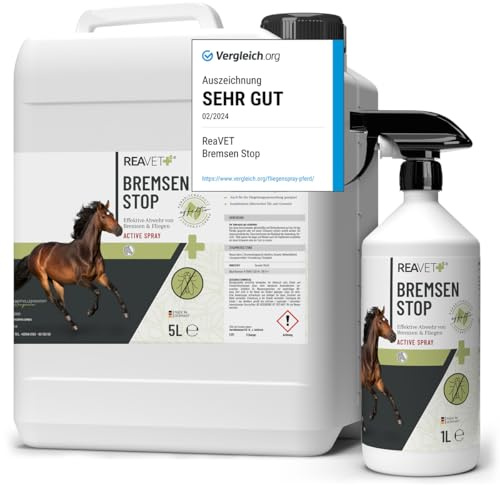 ReaVET Bremsen Stop **TESTSIEGER** Fliegenspray Pferde XL Set 6 Liter inkl. Sprühflasche, Insektenspray mit Sofortschutz & Pferdepflege, Bremsenspray Bremsenblocker gegen Fliegen