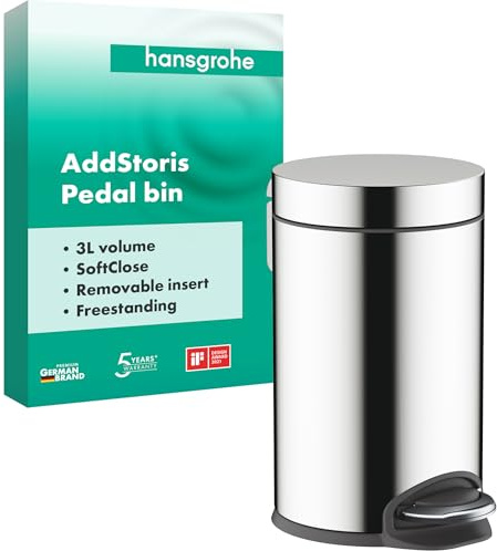 hansgrohe AddStoris - Badezimmer Mülleimer, Mülleimer Bad mit 3 l Fassungsvermögen, Kosmetikeimer, Treteimer, Badezimmer Zubehör, Chrom, 41775000