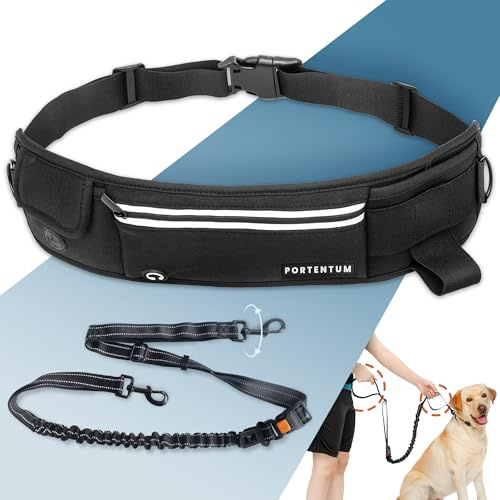 PORTENTUM Joggingleine Hunde - Freihändig, Laufen, Wandern, Anti-Stress, Gurtband, Reflektierend (Schwarz)