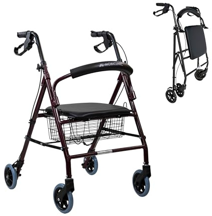 Mobiclinic®, Rollator für Senioren, Faltbar, Höhenverstellbar, Manuelle und Feststellbare Bremsen, bis 110 kg, mit Korb und Sitz, Leicht, Robust, Aluminium, Escorial (Bordeaux)