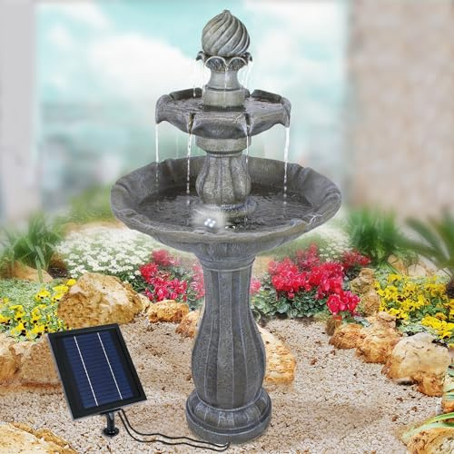 Gartenbrunnen Solarbrunnen Klassik-Garten Brunnen Vogelbad Wasserfall, Gartendeko mit Pumpe, Wasserspiel für Garten Terrasse, Balkon, Sehr Dekorativ, Led-Licht-Gartenleuchte