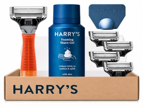 Harry's Nassrasur-Set, Orangem Griff | Truman Rasierer, 4 Ersatzklingen, Rasiergel und Klingenschutz, In Deutschland entwickelte Ersatzklingen mit je 5 Klingen