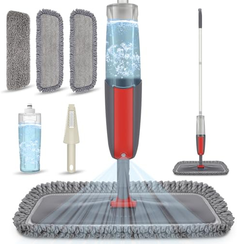 Bodenwischer mit Sprühfunktion, MEXERRIS 410ml Sprühwischer mit 3-Mikrofaserbezug und Schaber, 360 Grad Rotierender Wischmopp Wischer Boden für Schnelle Reinigung Hartholz, Marmor, Laminat, Fliesen