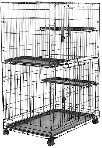 Amazon Basics Langlebig, biegsam Großer Katzenkäfig mit 3 Ebenen, Schwarz, L 91 x B 57 x H 129 cm