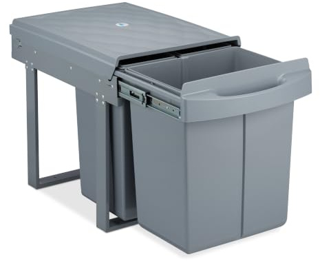 Relaxdays Einbaumülleimer 3-Fach, ausziehbar, Küchenmülleimer für Unterschrank, 20 l & 2X 10 l, 41,3x34x51,8 cm, grau