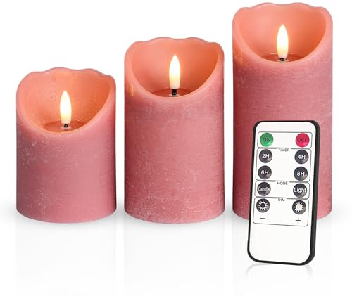 Meisterhome® 3er-Set Flammenlose LED Kerzen - Altrosa - Rustik Design Stumpenkerze - mit Fernbedienung – mit Timer - Batteriebetrieben – Warmweiß - 10/12,5/15 cm hoch - mit flackernder Flamme