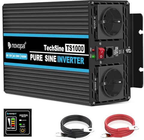 novopal 1000W Wechselrichter Reiner Sinus mit 12v auf 230v Spannungswandler 2 EU Steckdose und QC18W+PD 30W-inkl. 5 Meter Fernsteuerung - Spitzenleistung 2000 Watt