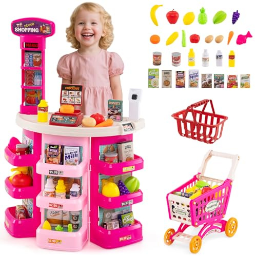 HOMASIS Supermarkt mit Einkaufswagen & 29 Zubehör, Kaufladen mit Licht & Sound, Kaufmannsladen mit Kasse, Waage & Scanner, Supermarkt-Spielset Verkaufsstand Einkaufsladen für Kinder ab 3 Jahren (Rosa)