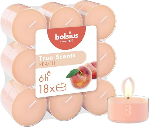 Bolsius - 18 Duft theelichter - Pfirsich - Lange Brenndauer von 6 Stunden - Durchmesser 39 mm – Natürliche Extrakte – Enthält Veganes Wachs – Ohne Palmöl