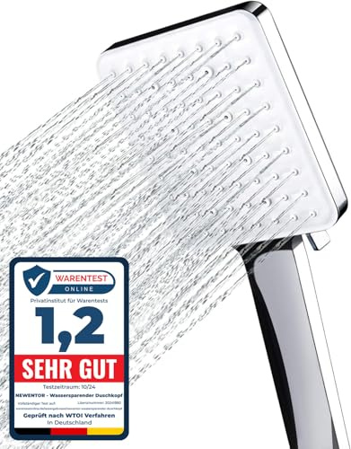 Newentor Duschkopf [TESTSIEGER], Eckig Duschkopf Hochdruck Duschbrause Handbrause mit 6 Strahlarten, Silber (ohne Schlauch)