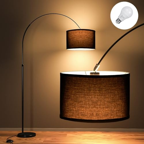 Modlicht Bogenlampe Wohnzimmer Stehlampe JASMIN I Inklusive LED E27 I Schwarzer Stoffschirm 33 cm I Fußschalter I 165-180 cm Bogenleuchte Vintage geeignet für Schlafzimmer, Hotel