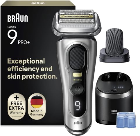Braun Series 9 Pro+ Rasierer Herren Elektrisch, Elektrorasierer mit 5 Rasierelementen, ProComfort Aufsatz, Rasierapparat, 2-in-1-System, Reinigungsstation, 60 Min Akku, Made in Germany, 9597cc, Silber