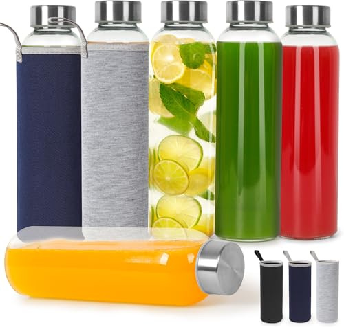Solvant 6er Set Trinkflasche Glas 500 ml, Wasserflasche mit Edelstahldeckel, Klares Auslaufsicheres Smoothie Flaschen Glasflasche-set zum Entsaften, KohlensäUrehaltige GeträNke, KaltgeträNke