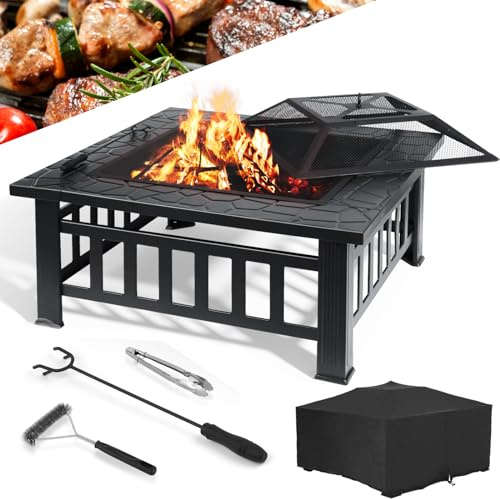 LIFERUN Feuerschale mit Funkenschutz 81cm, Feuerschalen mit Deckel, Feuerkorb für den Garten Feuerstelle inkl. Grillrost, Abdeckung, Kohlegitter Poker Grillzange Bürste, 4 pcs Bein, für Garten Party