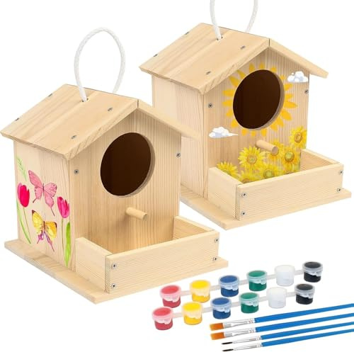 LotFancy Vogelhaus Bausatz für Kinder, 2 x Vogelhaus zum bemalen, Holz Bastelset, DIY Basteln Set Vogelkasten Basteln Geschenke für Mädchen Jungen Kleinkinder