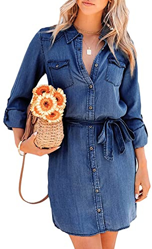 FeMereina Damen Langarm Bluse Jeanskleid Denim Hemd Kleider Button Down Chambray Taillenbänder Tunika Minikleid mit Taschen