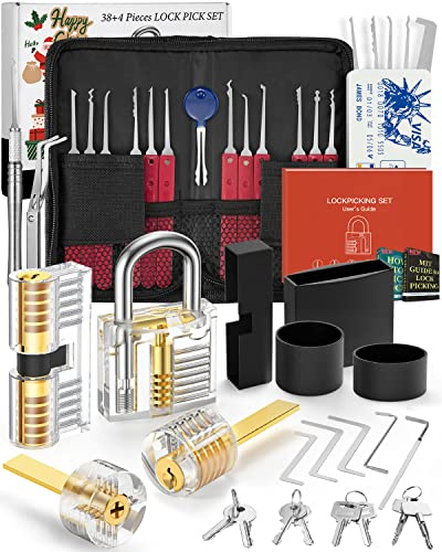 FAHEFANA 38+4-teiliges Lockpicking Set, [2026 Upgrade Version] Dietrich, mit 4 Transparente und 4 Schwarze Verschlusshülsen, Bieten Sie Entsperrungshandbuch für Professionelle Schlosser