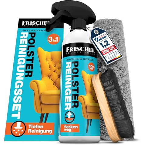 FRISCHER PROFESSIONAL Polsterreiniger 500ml für Sofa, Auto, Sessel & Couch inkl. Bürste + Microfasertuch, Textilreiniger Konzentrat & Autositz Reiniger für alle Polstermöbel - Fleckenentferner Sofa