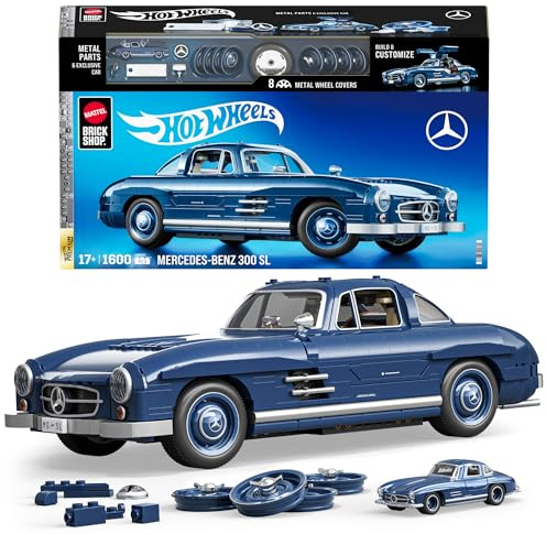 ​Mattel Brick Shop Hot Wheels Premium Serie Bauset, Mercedes-Benz 300 SL mit 1600 Teilen, realistischen Details und Metallteilen, erwachsene Sammler, HWW25, [Mehrfarbig]