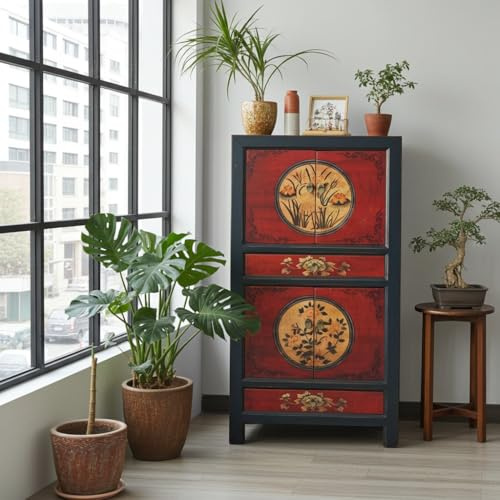 OPIUM OUTLET chinesischer Vintage Schrank Hochzeitsschrank rot-schwarz Kommode Sideboard asiatisch orientalisch Landhaus-Stil für Schlafzimmer, Wohnzimmer