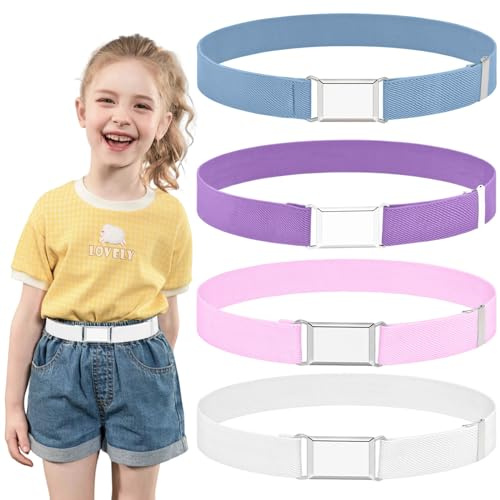 Erzekrim Gürtel kinder, Gürtel Mädchen 4 Stück Stretch Kindergürtel Einstellbar Kinder Gürtel mit Einfacher Magnetschnalle für Mädchen Jeans Shorts Hosen Kleid (Quadratische Schnalle)