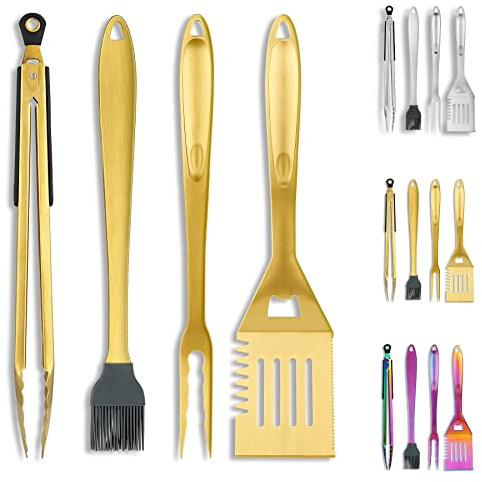 Kyraton Gold Grillbesteck Set 4TLG Kit, Grill Zubehör Set, Titan Gold Beschichtung Edelstahl mit Bakelit Griff Hitzebeständig und keine Schmelze, Ideal für Outdoor BBQ, Teppanyaki, Camping