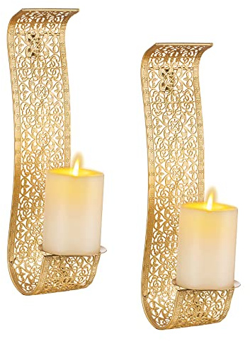 Sziqiqi Vintage Wandkerzenhalter Gold Metall: Kerzenhalter Wand 2er Set | mit 2 Schrauben, Blumenmuster, für Stumpenkerzen, für Wand Deko, Wohnzimmer, Esszimmer, Schlafzimmer, Küche, Kamin, Flur