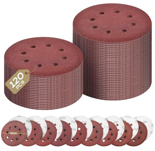 Yokuni 120 Stück Schleifpapier 125mm klett, 8 Loch Schleifscheiben Set