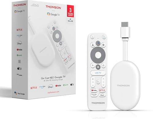 Thomson Go Cast 152 Streaming Dongle, 4K UHD Google TV Stick mit Google Assistant, Google Cast, Dolby Atmos, Dolby Digital+, HDR10, 2GB RAM, 32GB Speicher, Kompakt und Tragbar – Weiß