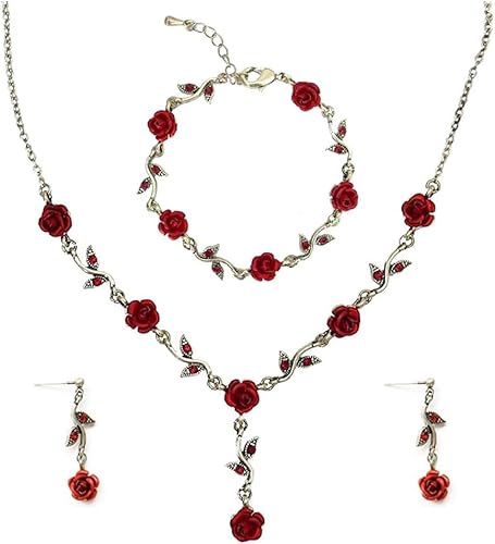 FDEETY Romantische Rote Rosen Blume Blatt Halskette Ohrstecker Armband Set Brautschmuck Hochzeit Brautjungfer Schmuck Set