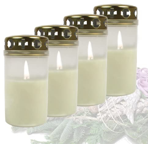 Candelo 4er Set Premium Grabkerzen mit Deckel - Weiß Tagebrenner 54 Std - Trauerlicht Gedenk Kerze für Friedhof - Friedhofskerze Grablicht Brenner