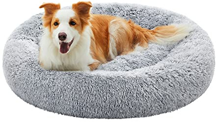 Feandrea Hundebett flauschig, Katzenbett, Donut Kissen, waschbar, Polsterung in der Mitte herausnehmbar, Langer Plüsch, 100 cm Durchmesser, Ombré-Grau PGW042G01