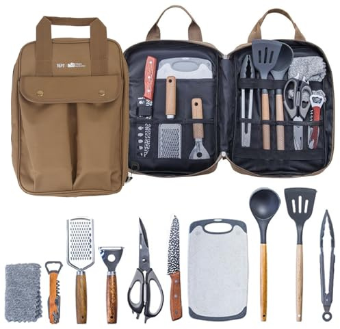 Sadodo Camping Küchenhelfer Utensilien Set 11 Teilig,Mit Organizer Tragtasche,Silikon Edelstahl Kochutensilien Küchengerät Set Outdoor Kochgeschirr Set