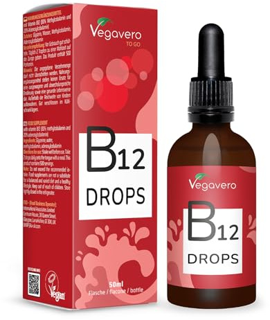 Vitamin B12 Tropfen | 50 ml ohne Alkohol | 500 Tage | Aktivformen: 80% Methyl- & 20% Adenosylcobalamin | 500 µg B-12 flüssig | Laborgeprüft & Keine Konservierungsstoffe | Vegavero