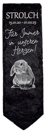 Dekolando Zwergkaninchen Grabstecker Tiergrabstein Schiefer Gedenktafel mit Gravur Wunschname Datum personalisiert Grab Deko 8 x 22 x 0,5 cm