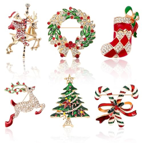 6 Stück Frohe Weihnachten-Anstecknadeln Brosche Strass Kristall Weihnachtsnadel Emaille Weihnachtsbäume Weihnachtsmann Socken Glocken Lutscher Weihnachtsdekoration Damen Schmuck Party