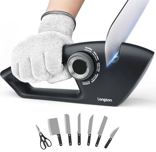 longzon Messerschärfer, 5-in-1 Stufen Einstellbarer Knopf Manuelle Messerschleifer mit Anti-Schneidhandschuhe, Küchenmesserschärfer, funktioniert wirklich für Stahl und Wellenschliffmesser