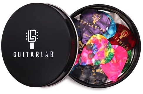 Guitar Lab - Plektren für Gitarre mit Geschenkbox - Gitarrenzubehör, 18 Stück, Plektren aus Celluloid für Elektrische, Akustische, Bass oder Ukulele Gitarre, 0.46mm, 0.71mm und 0.96mm