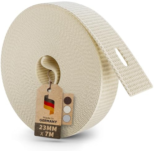 MEISTERBAU - 7m Rolladengurt 23mm [Made in Germany] - Rolladenband für Rollläden an Türen und Fenster - Extrem Reißfest & UV-Stabil - Rollladengurt mit starken Kanten (Creme, 7m lang - 23mm breit)