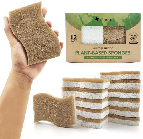 AIRNEX 12er Set Natürliche Spülschwämme – Aus Zellulose, Kokos und Recyclingfasern – Umweltfreundlich, Geruchsfrei, Kratzfreier Naturschwamm – Für Küche & Bad – Green America & PETA Zertifiziert