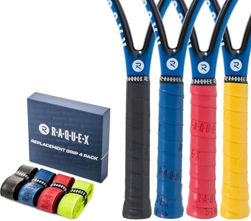 Raquex Ersatz-PU-Griffband 4er-Pack: Tennis, Squash, Badminton. Selbstklebendes Griffband für Schläger. Schwarz, Blau, Rot, Gelb im Multipack. Wiederverwertbare Geschenkverpackung aus Pappe