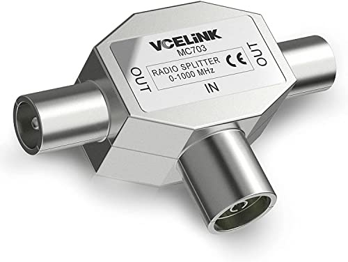 VCELINK Antennenverteiler 2Fach, T-Adapter Verteiler 2x Koax Stecker | Antennenkabel Verteiler für Digitales TV und Kabel TV, Geschirmtes Metallgehäuse, T-Kupplung 0-1000Mhz, Silber,1 Stück