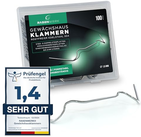 RASENWERK® - Gewächshausklammern aus 304 Edelstahl (rostfrei) - 100 Stück - Gewächshausklemmen mit hoher Spannkraft - Montageklammern für Glashaus – Gewächshaus Zubehör - 95 x 40 mm - 1,6 mm Dicke