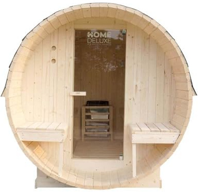 Home Deluxe - Outdoor Fasssauna Lahti Deluxe L - Maße: ca. 195 cm x 192 cm x 220 cm, Holz: Fichtenholz - inkl. Saunaofen und Saunazubehör I Gartensauna, Außensauna, Sauna Fass für 4 Personen