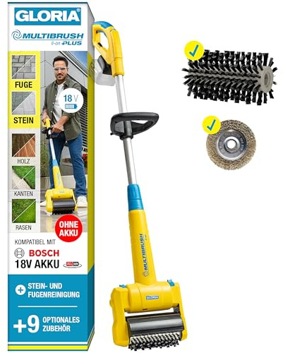 GLORIA MultiBrush li-on PLUS I Akku Reinigungsbürste für Stein, Fugen, Holz, Kanten & Rasen | Für Terrasse, Wege & Garten | Inkl. Stein- & Fugenbürste | Kompatibel mit BOSCH 18V Akku (nicht enthalten)