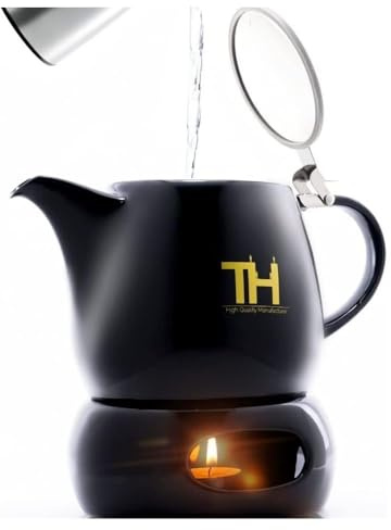 Thiru Design Teekanne mit Stövchen Set - Doppelwandige Porzellanstruktur - 1,2L Volumen - Handgefertigte Teekanne Porzellan Keramik - neuer Deckel - Sieb herausnehmbar - Modell 2023