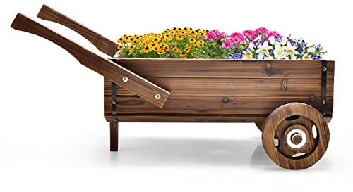 RELAX4LIFE Pflanzwagen Holz, Pflanzschubkarre mit Griffen & Rädern, Blumenwagen mit Abflusslöchern, Blumenkarre Vintage, Gartendeko für Garten Hinterhof Balkon (Modell 2)